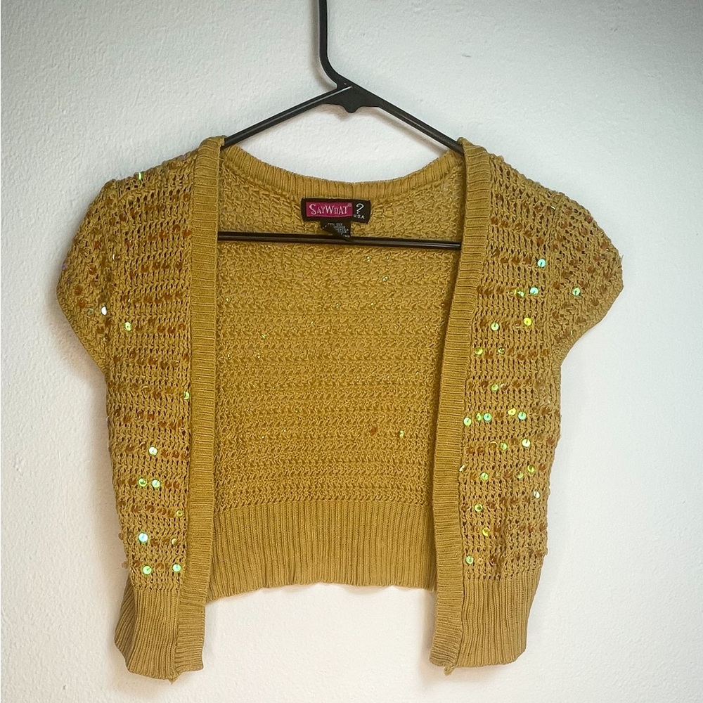 Say what? Yellow mustard vintage bolero crochet jacket with colorful sequins